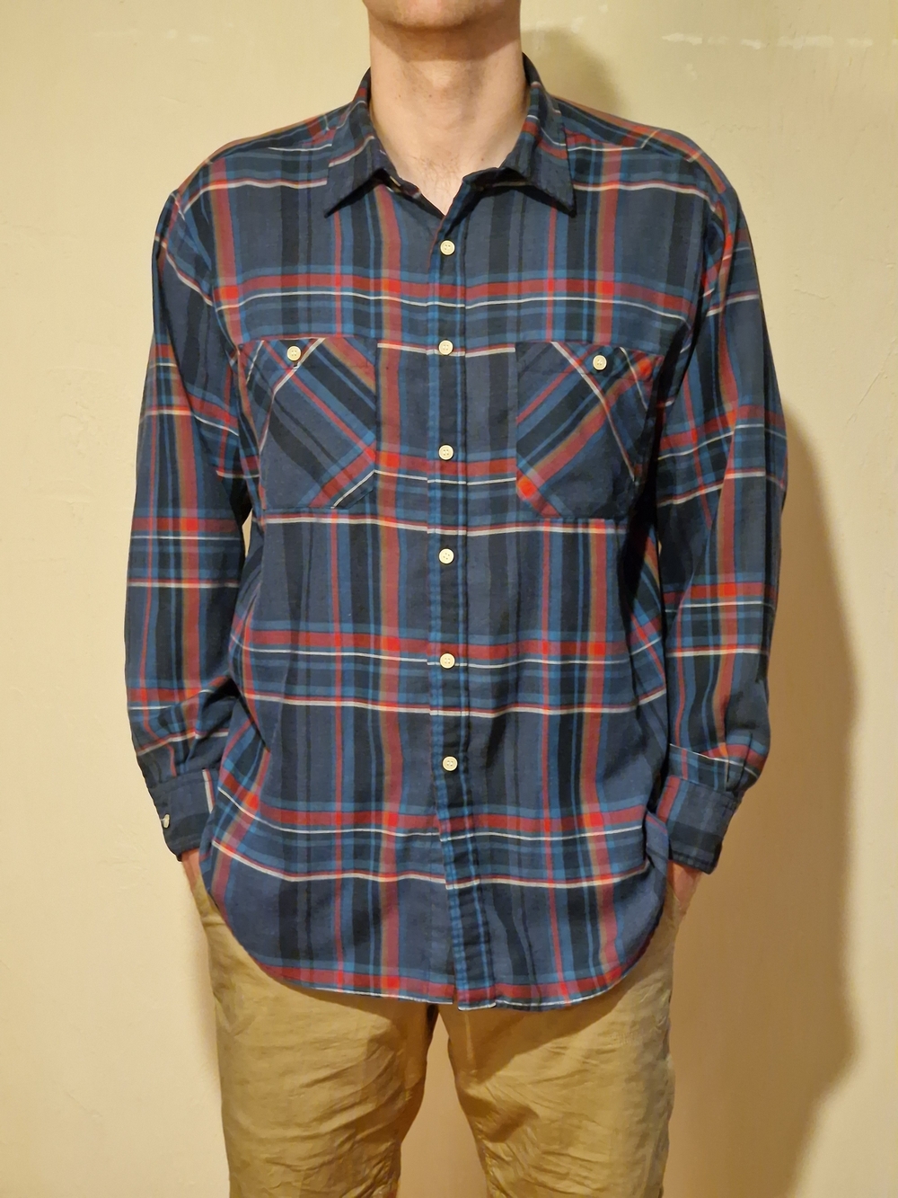 Men's Navy Plaid Button-Down Shirt with Red Accents